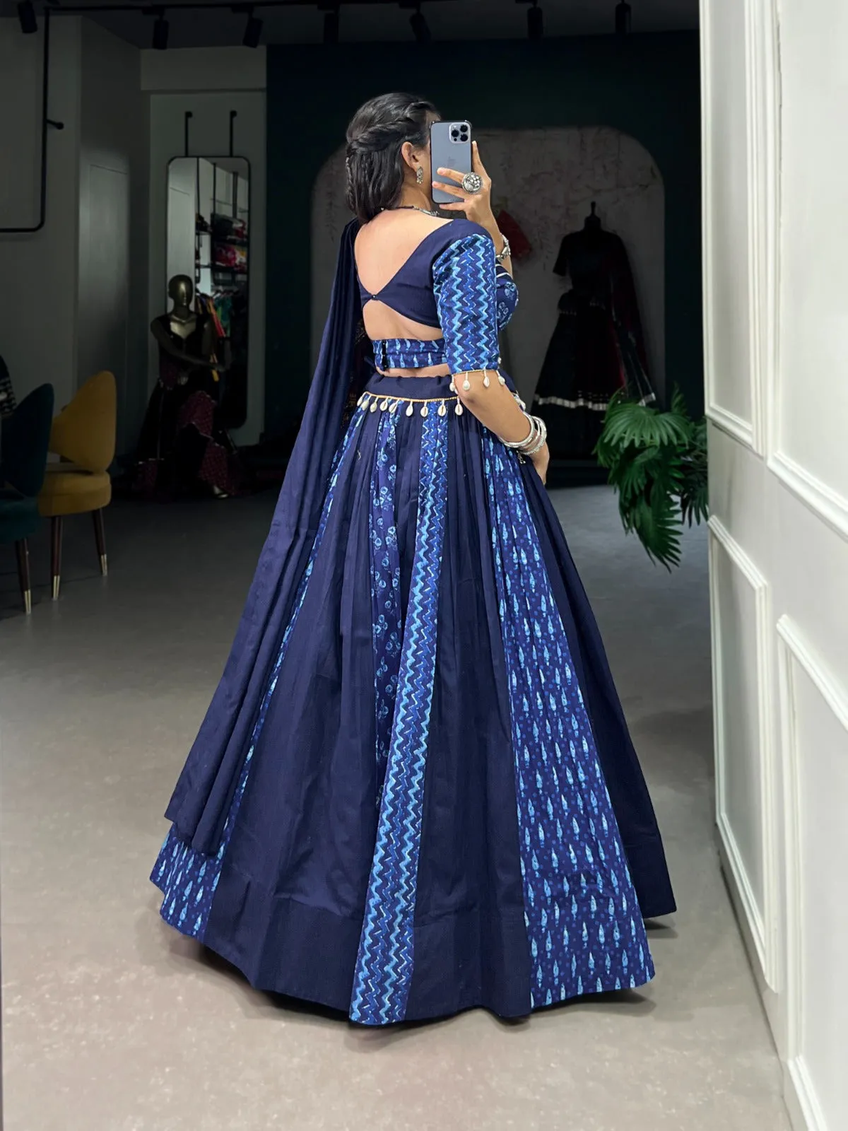 Blue Cotton Chaniya Choli with Cowrie Shell Detail