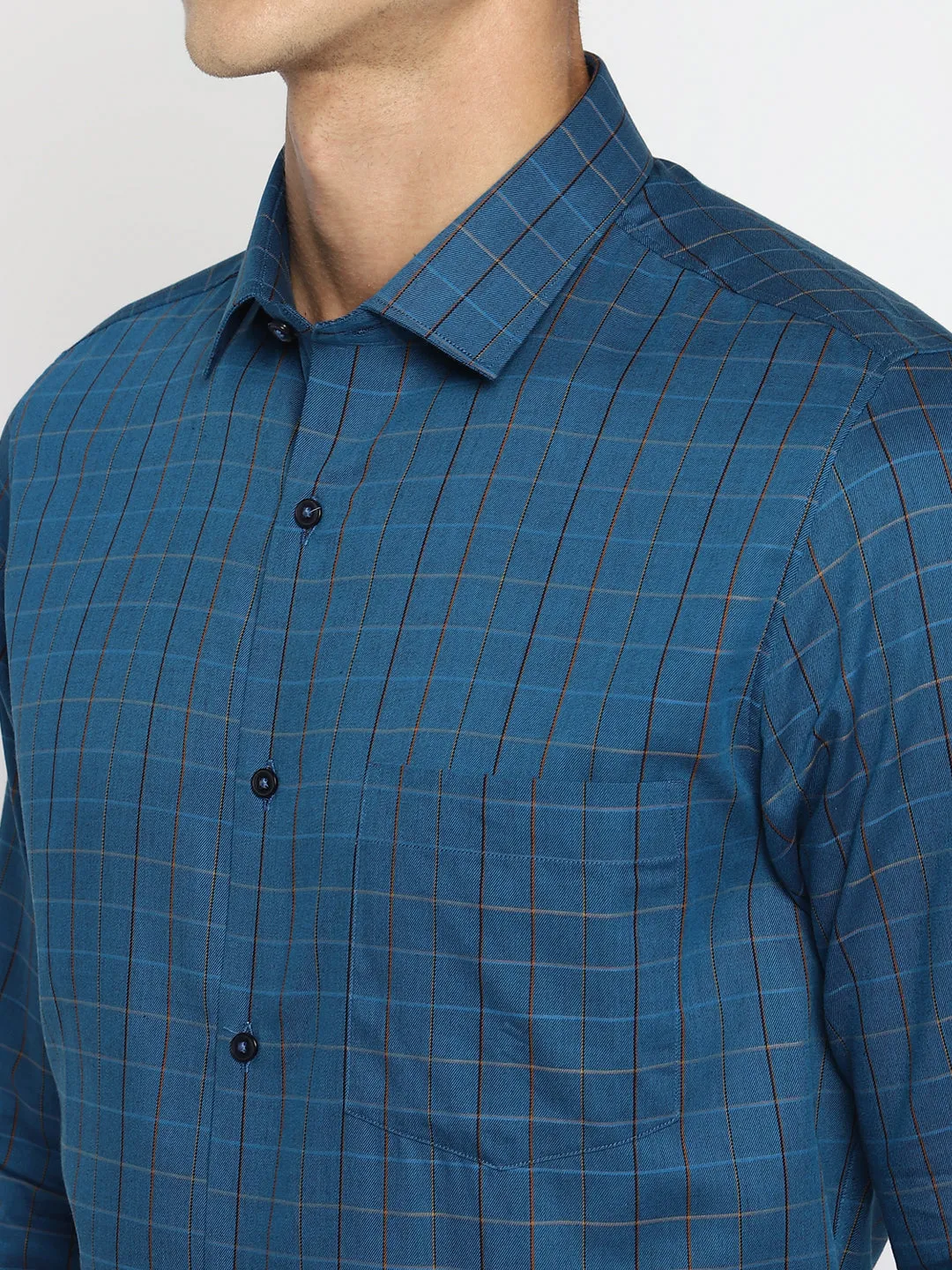 Blue Cotton Checked Slim Fit Shirt