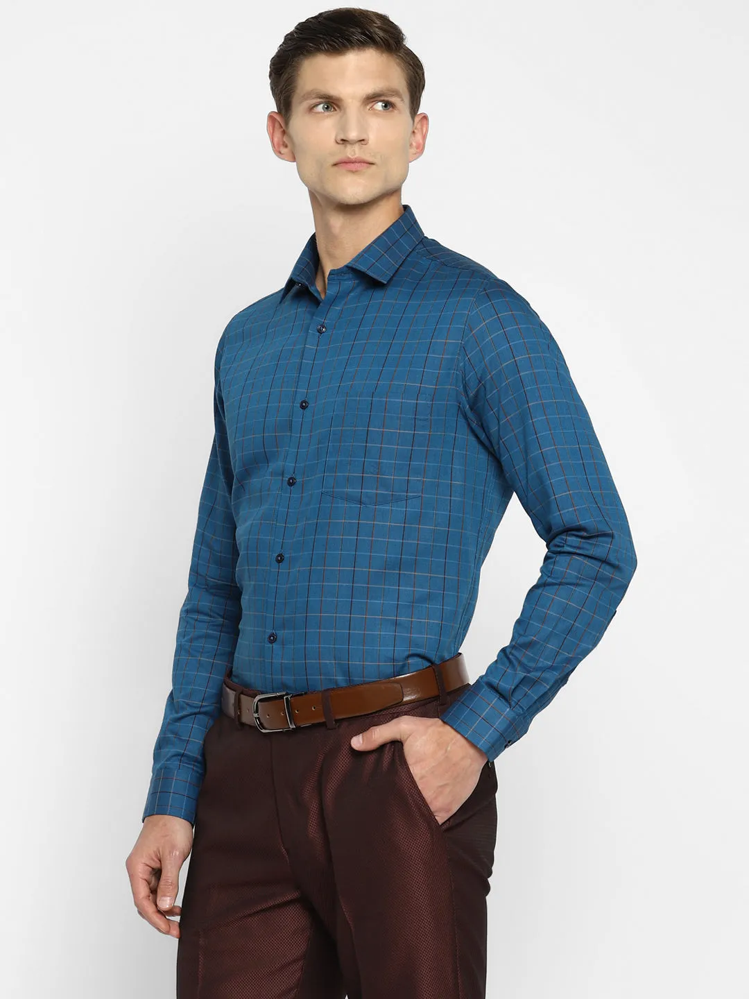 Blue Cotton Checked Slim Fit Shirt