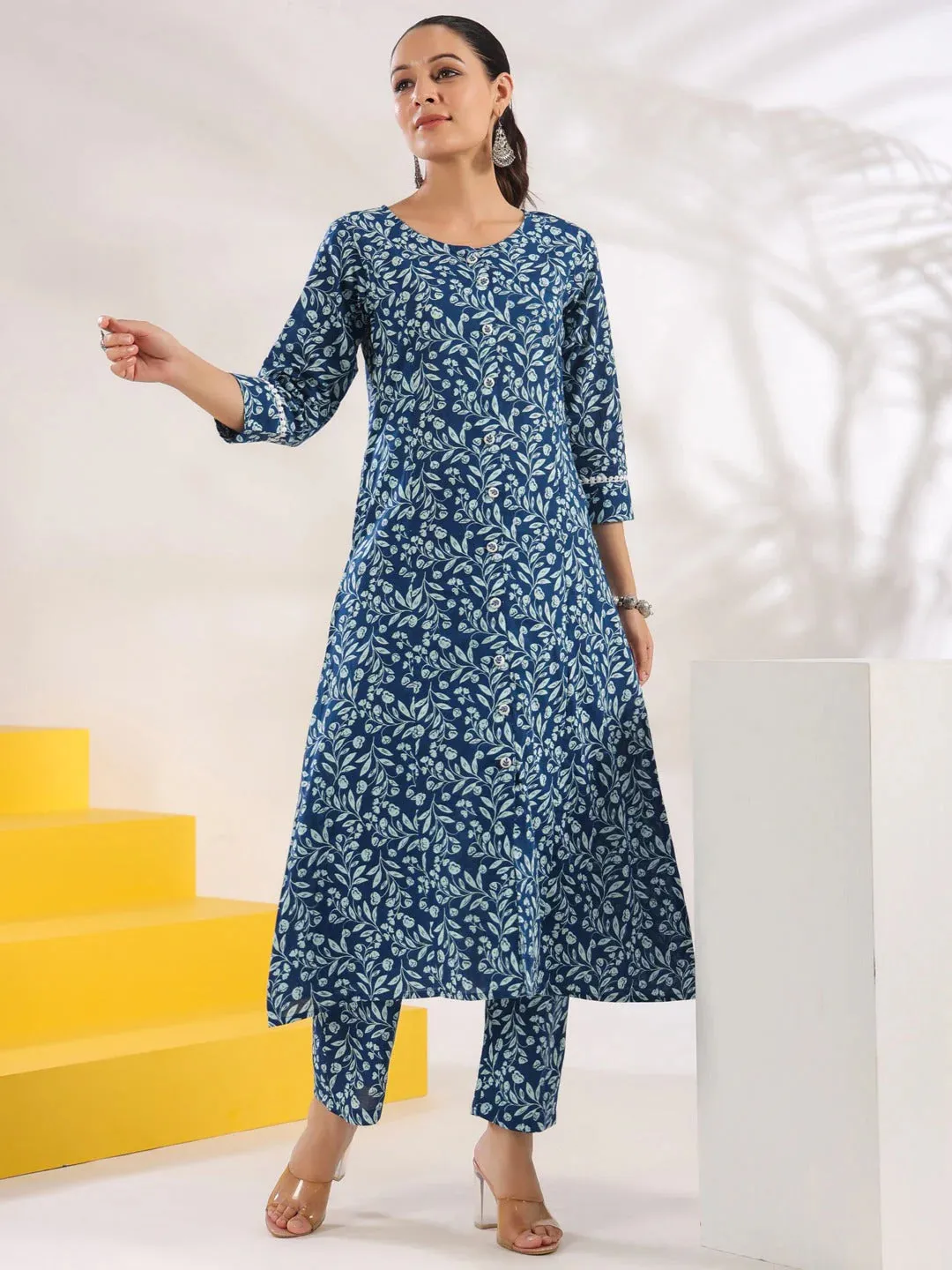 Blue Cotton Floral Print A Line Kurta Trouser Set