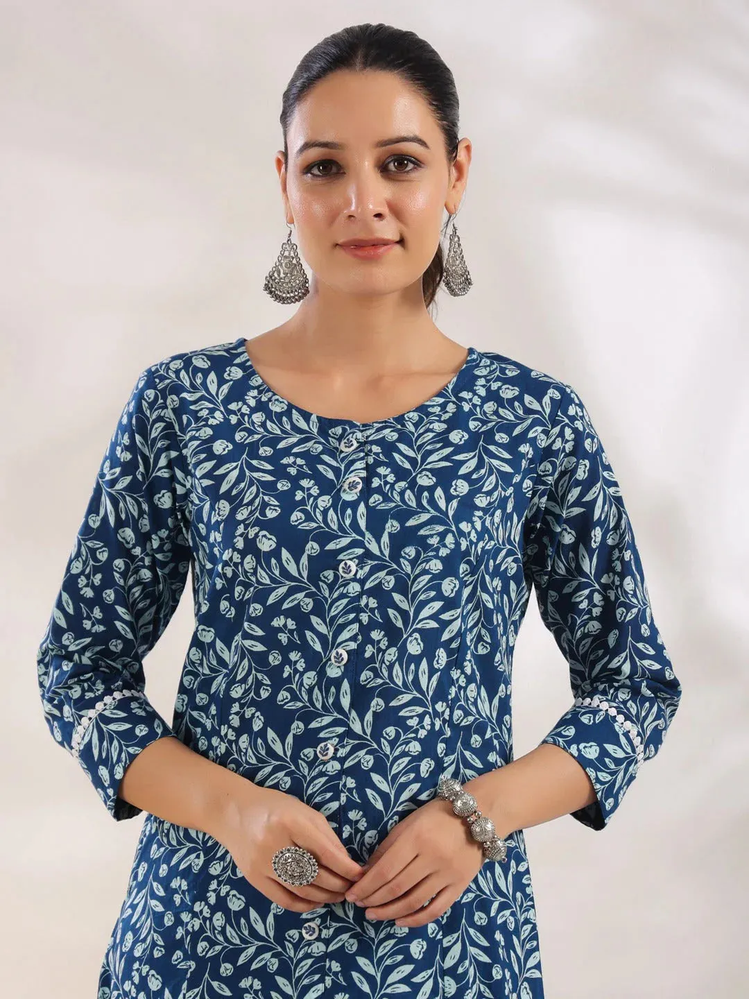 Blue Cotton Floral Print A Line Kurta Trouser Set