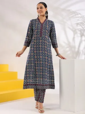 Blue Cotton Geometric Print A Line Kurta Trouser Set