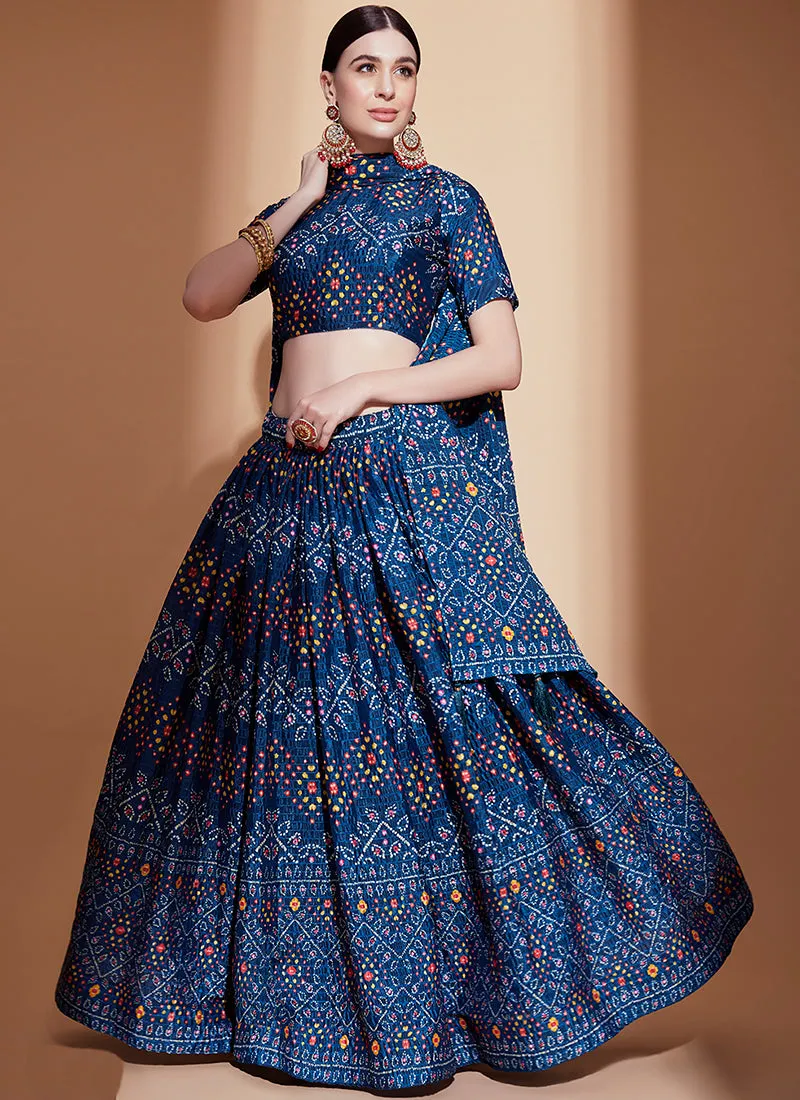 Blue Crochet Embellished Digital Printed Lehenga Choli