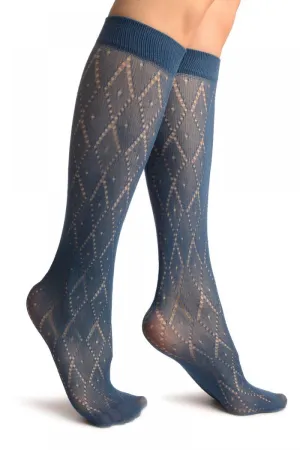 Blue Crochet Rhombs Socks Knee High