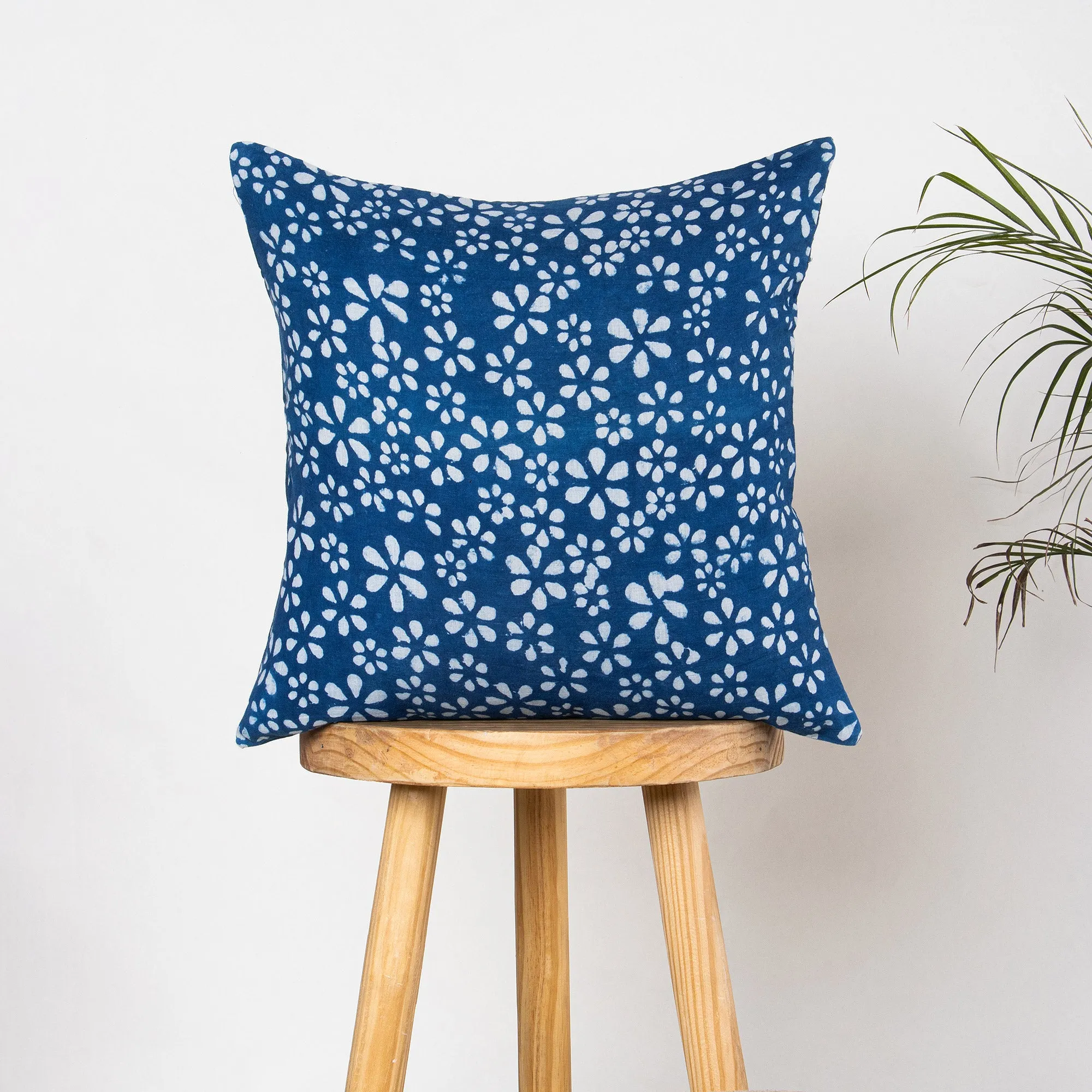 Blue Cushion Covers Block Floral Print Cotton for Sofas