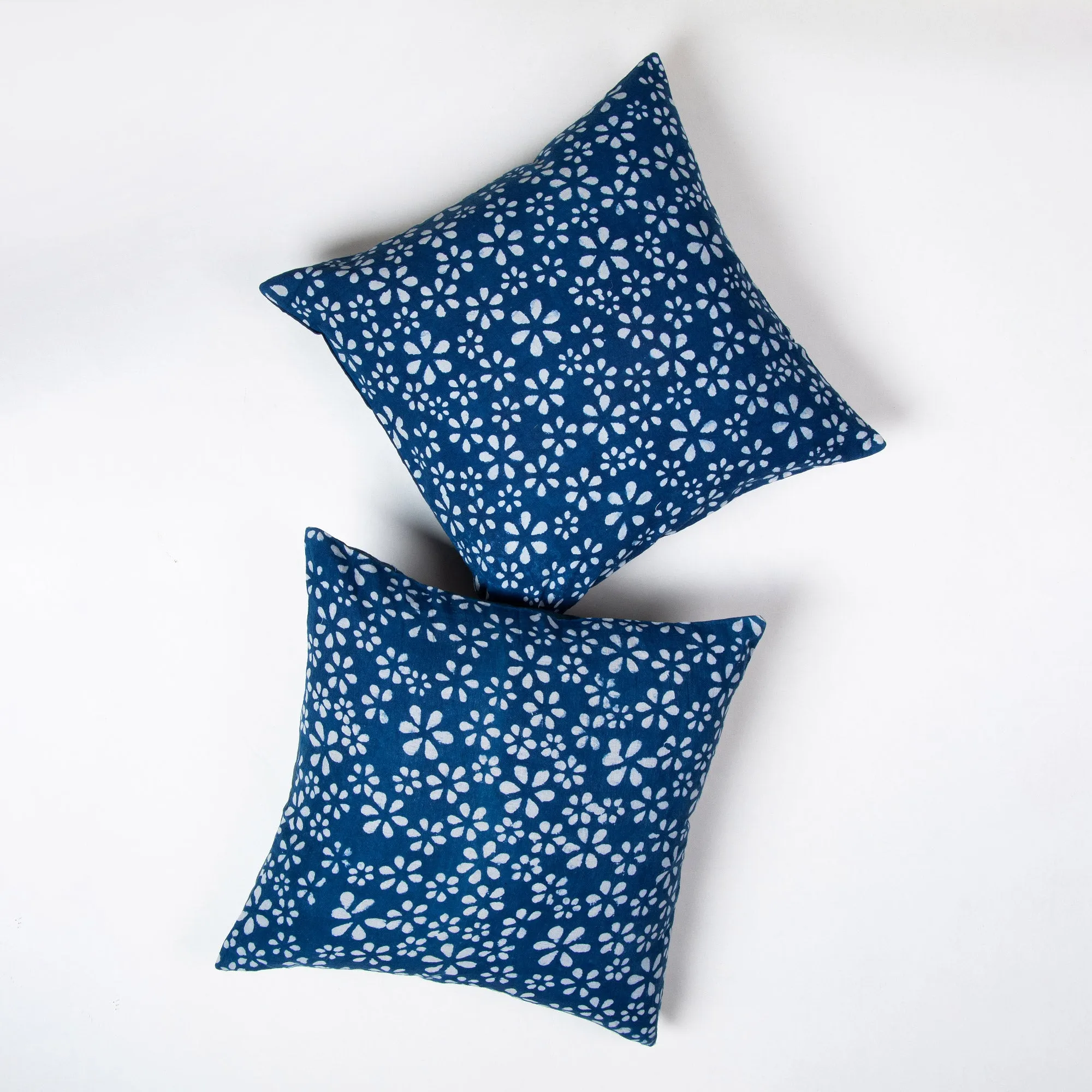 Blue Cushion Covers Block Floral Print Cotton for Sofas