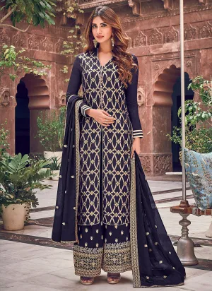 Blue Designer Embroidered Palazzo Suit