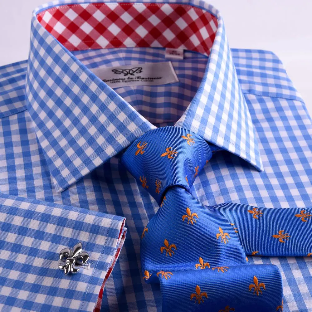 Blue Designer Gingham Check Formal Business Dress Shirt With  Red Checkered Fashion Inner Lining