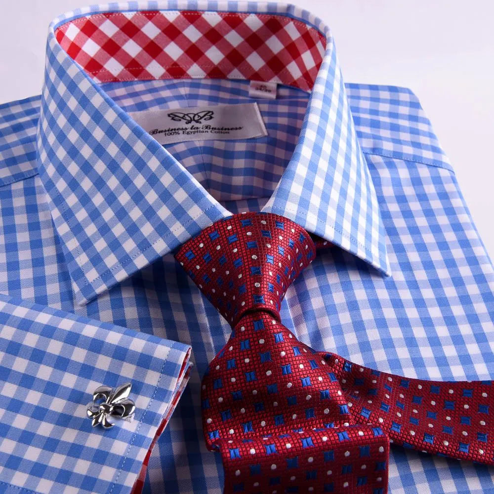 Blue Designer Gingham Check Formal Business Dress Shirt With  Red Checkered Fashion Inner Lining