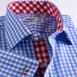 Blue Designer Gingham Check Formal Business Dress Shirt With  Red Checkered Fashion Inner Lining