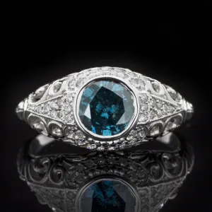 BLUE DIAMOND VINTAGE STYLE RING 14k WHITE GOLD ROUND CUT NATURAL FILIGREE TEAL