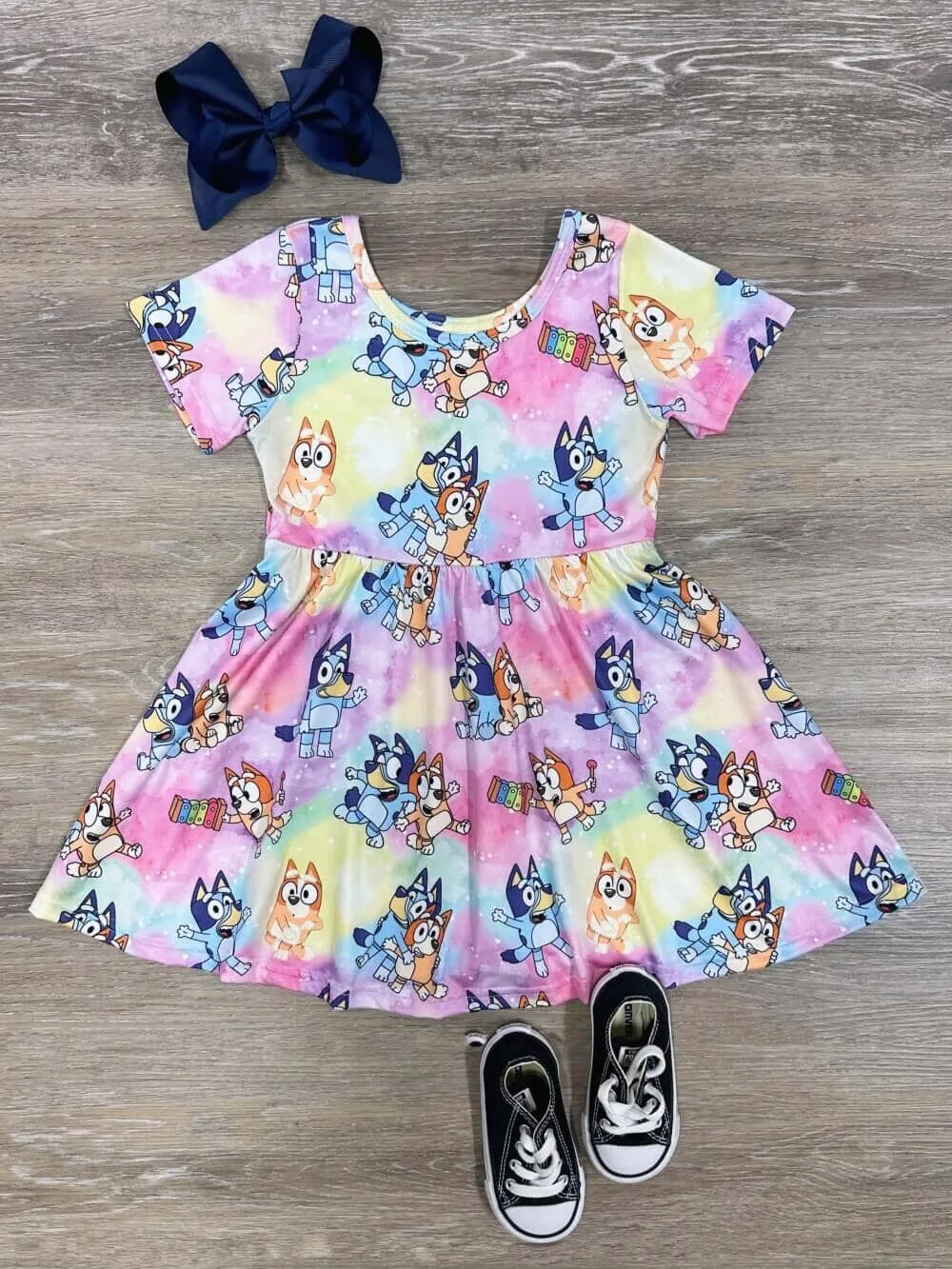 Blue Dog Pastel Ombre Short Sleeve Girls Skater Dress