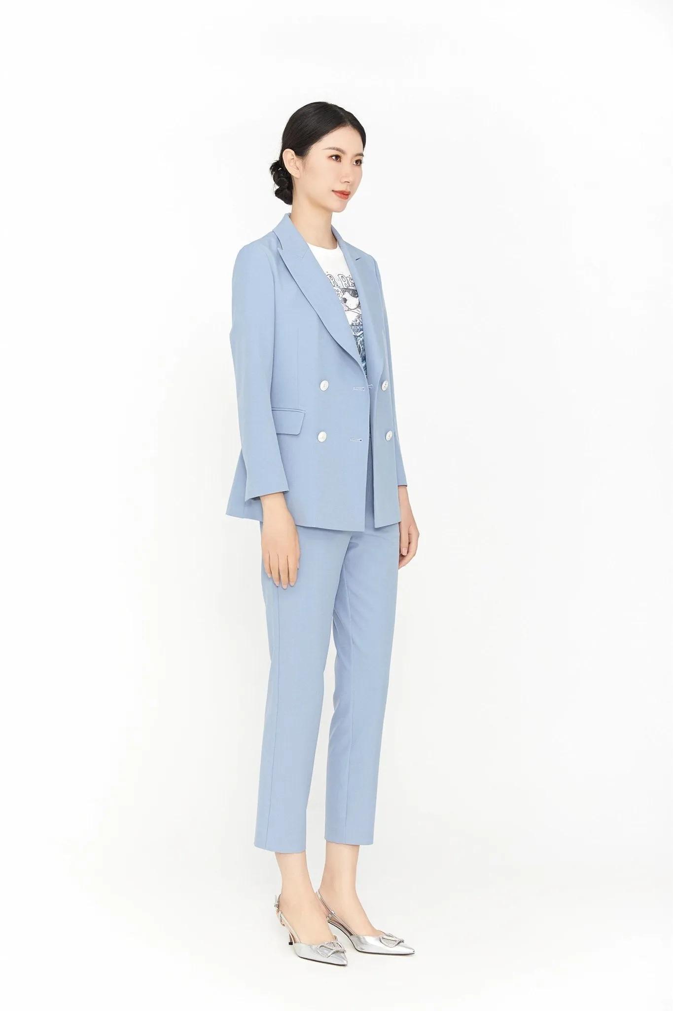 Blue Double Breasted V Neck Blazer Suits