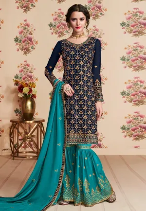 Blue Dual Tone Embroidered Gharara Palazzo Suit