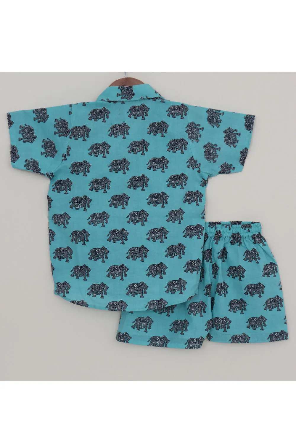 Blue Elephant Printed Pure Cotton Shirt With Short Set