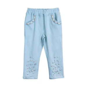 Blue Embellished Stretch Twill Pants