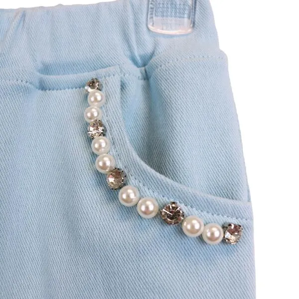 Blue Embellished Stretch Twill Pants