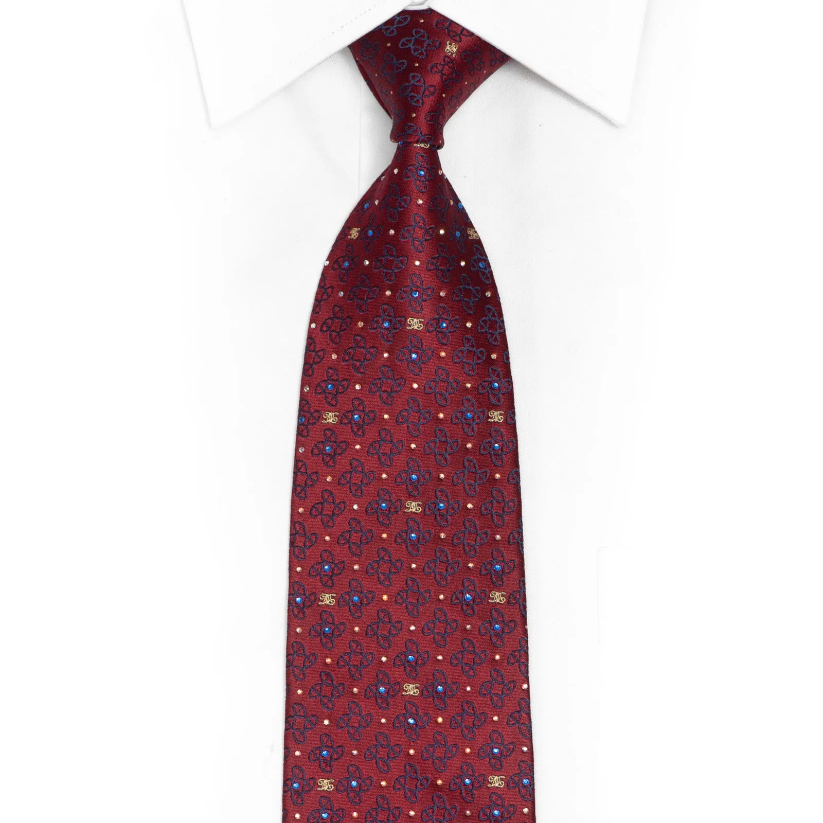 Blue Emblem On Burgundy Rhinestone Silk Tie With Sparkles