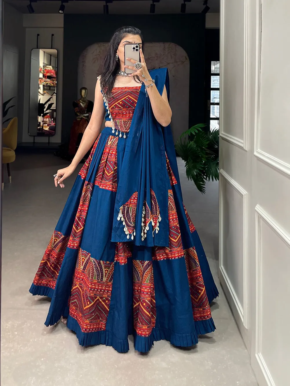 Blue Embroidered & Printed Pure Cotton Lehenga Choli Set