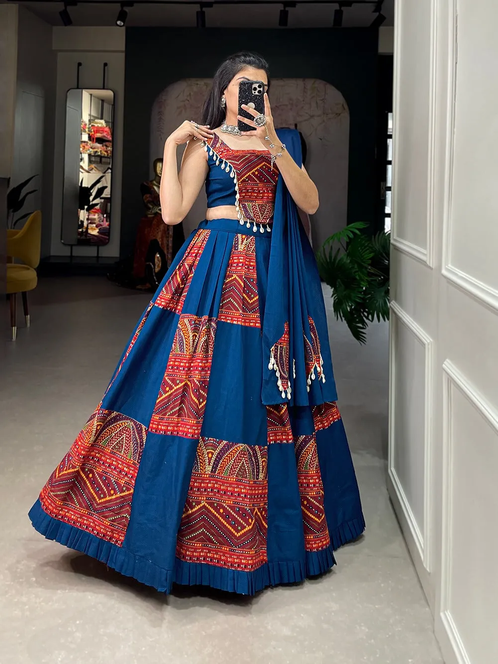 Blue Embroidered & Printed Pure Cotton Lehenga Choli Set