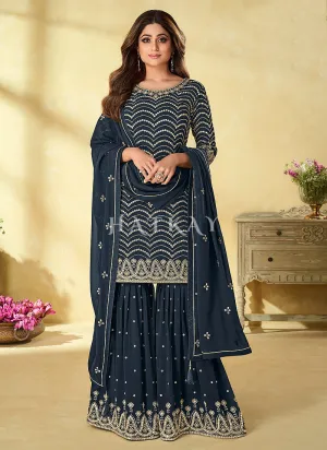 Blue Embroidered Celebrity Style Gharara Suit