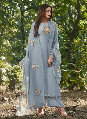 Blue Embroidered Cotton Silk Pants Style Suit