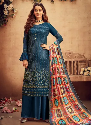 Blue Embroidered Designer Palazzo Suit