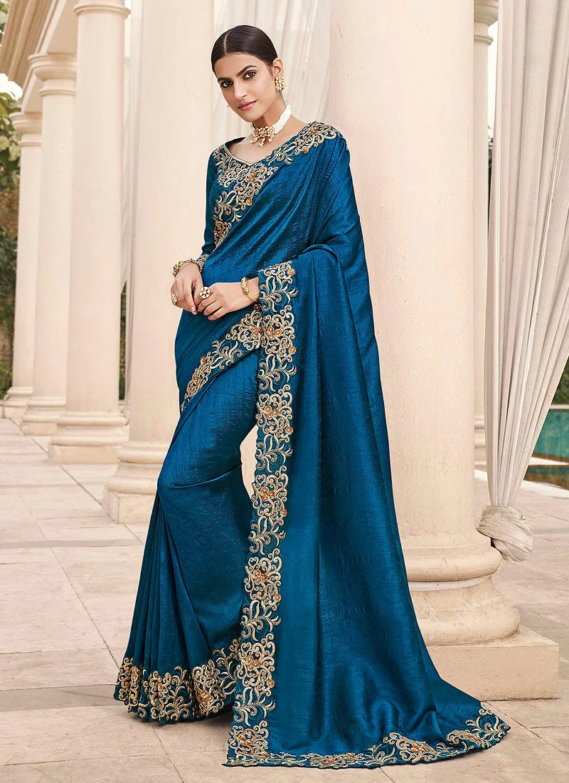 Blue Embroidered Designer Silk Saree