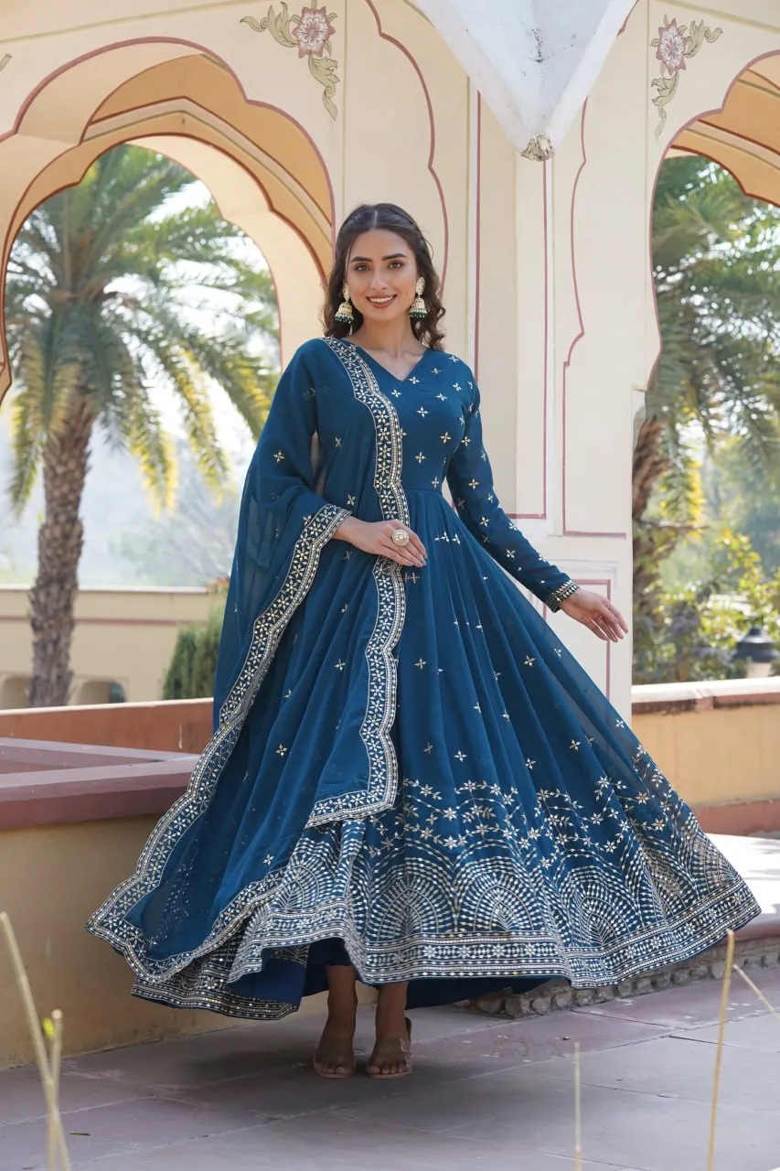 Blue Embroidered Faux Georgette Gown with Dupatta