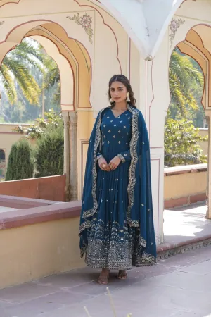 Blue Embroidered Faux Georgette Gown with Dupatta