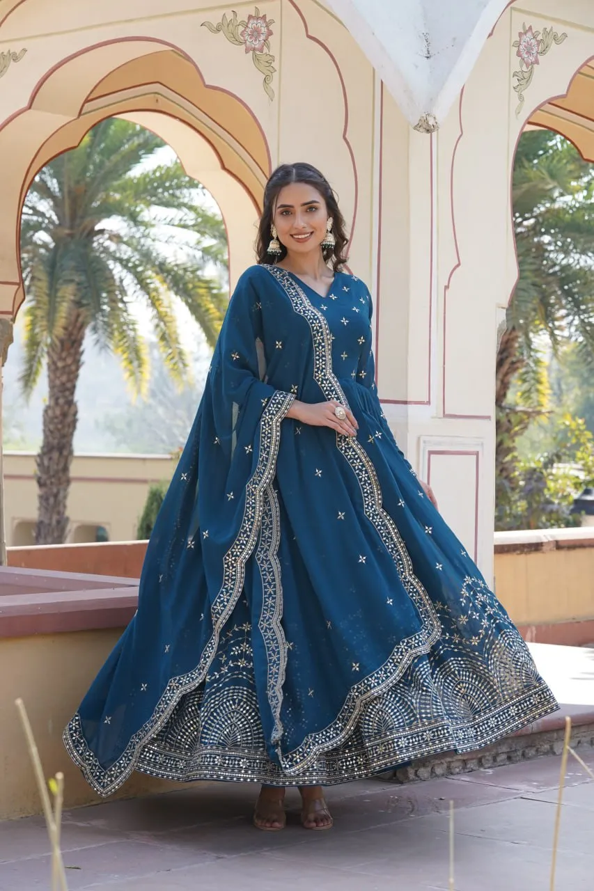 Blue Embroidered Faux Georgette Gown with Dupatta