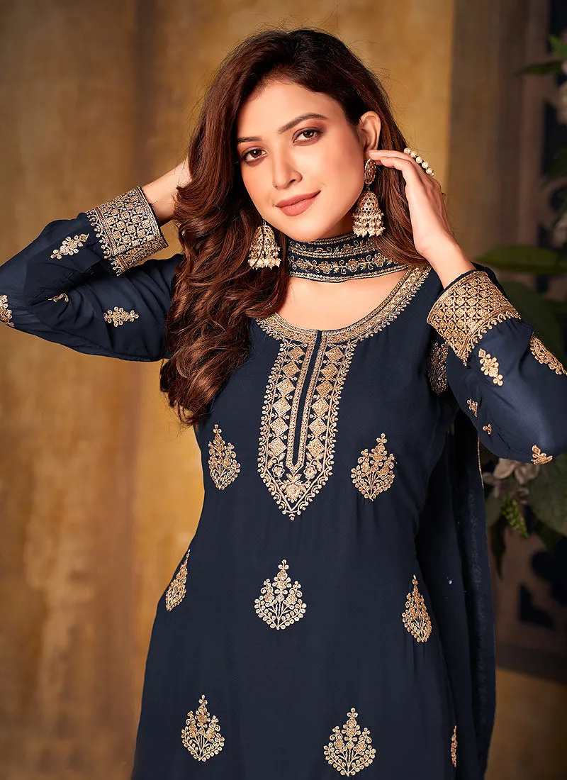 Blue Embroidered Pakistani Palazzo Suit