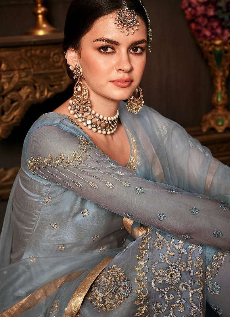 Blue Embroidered Pakistani Pants Suit