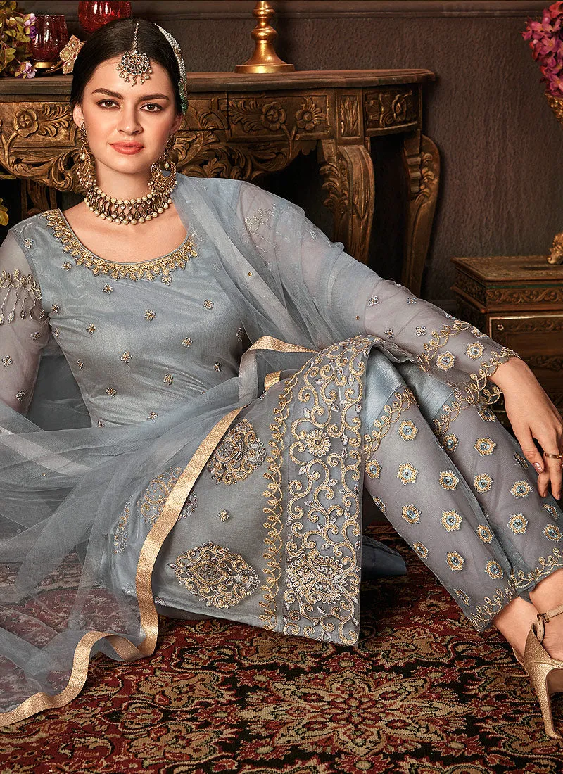 Blue Embroidered Pakistani Pants Suit