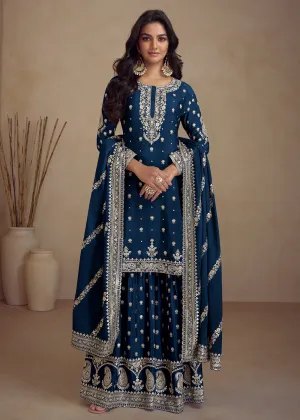 Blue Embroidered Real Chinnon Designer Palazzo Suit