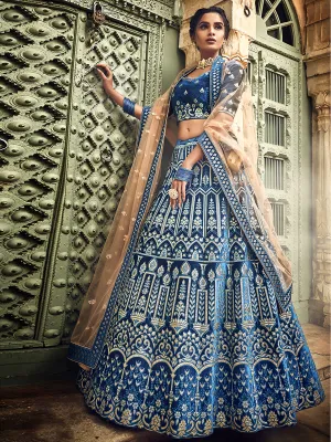 Blue Embroidered Velvet Semi Stitched Lehenga With Unstitched Blouse