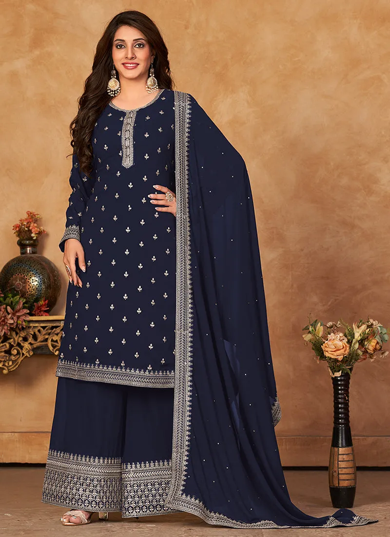 Blue Embroidery Traditional Palazzo Suit