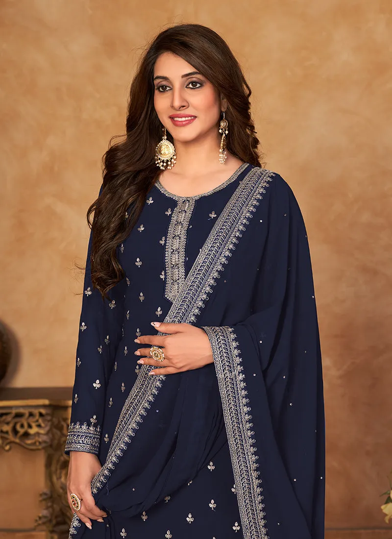 Blue Embroidery Traditional Palazzo Suit