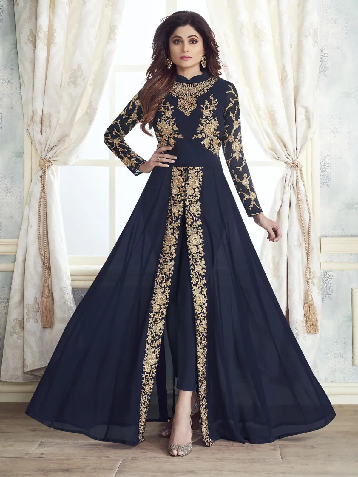 Blue Ethnic Embroidered Designer Slit Style Anarkali Pant Suit