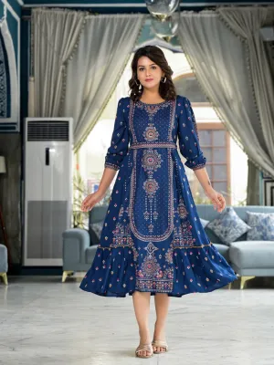 Blue Ethnic Motif Printed Liva Rayon A-Lined Tiered Dress With Belt