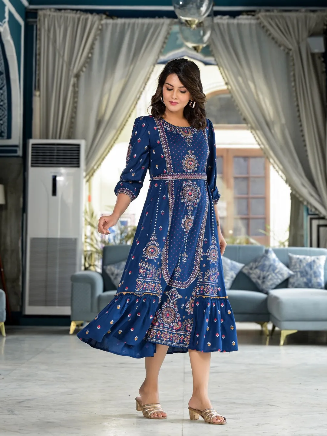 Blue Ethnic Motif Printed Liva Rayon A-Lined Tiered Dress With Belt