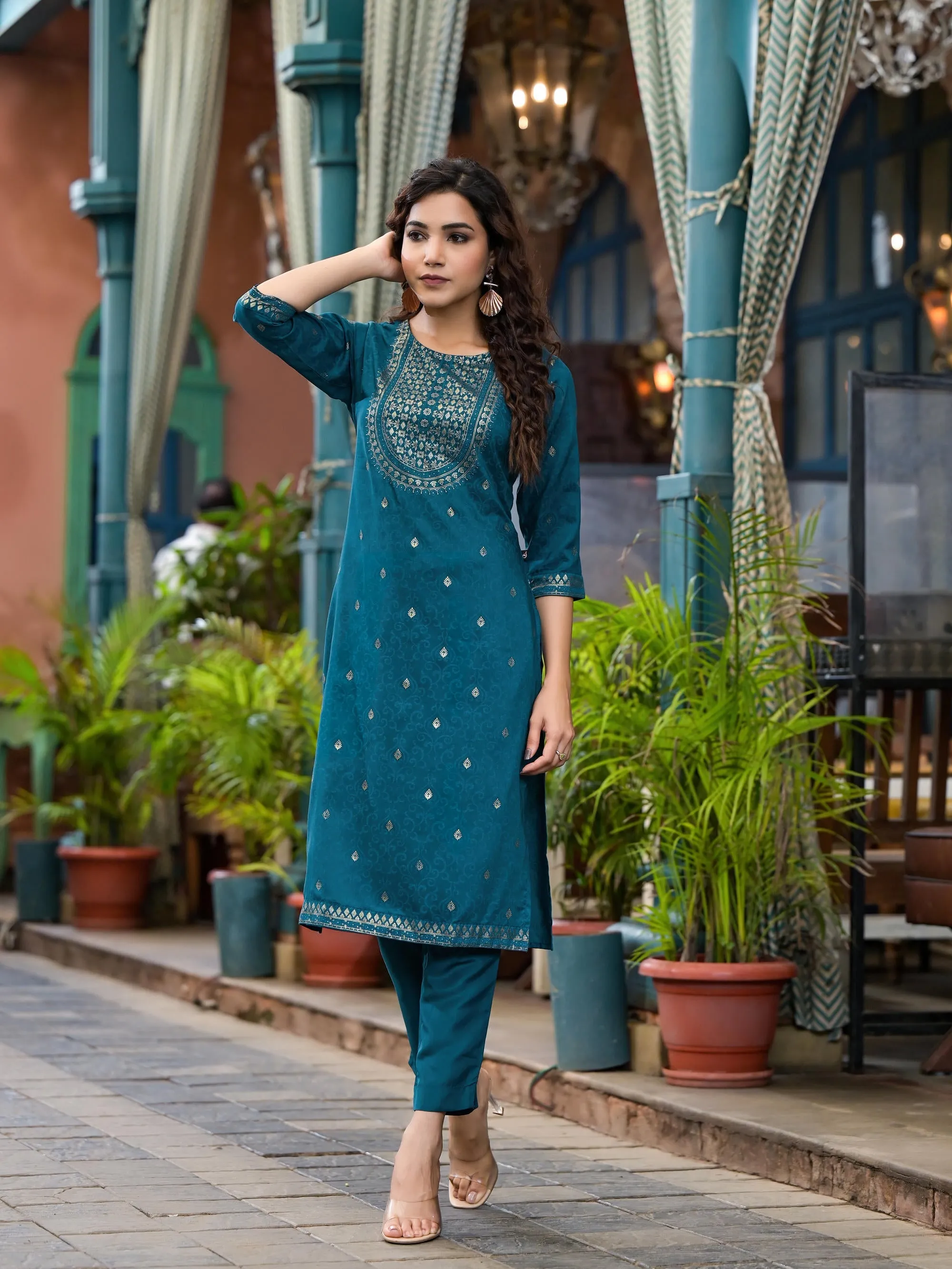 Blue Ethnic Motif Printed Muslin Kurta Set With Zari Work & Gota Patti