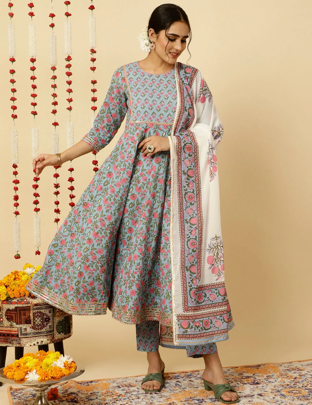 Blue Ethnic Print Anarkali Kurta With Pants And Dupatta