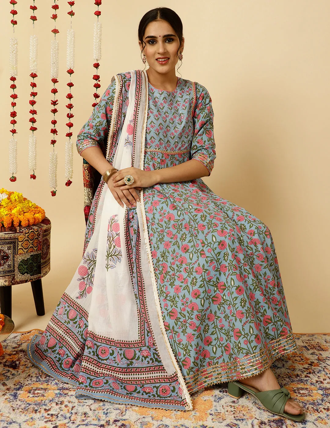 Blue Ethnic Print Anarkali Kurta With Pants And Dupatta