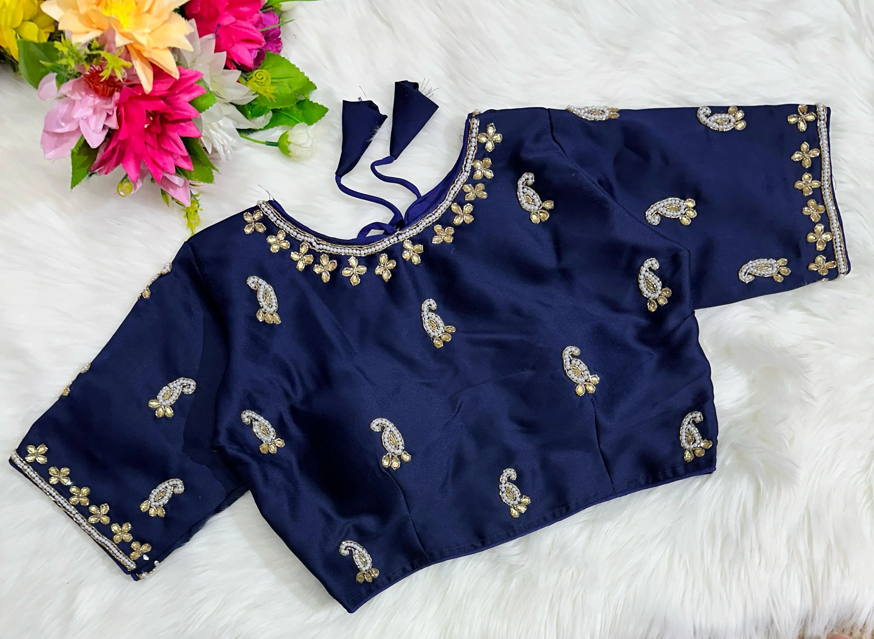 Blue Exquisite Hand-Embroidered Methu Silk Blouse