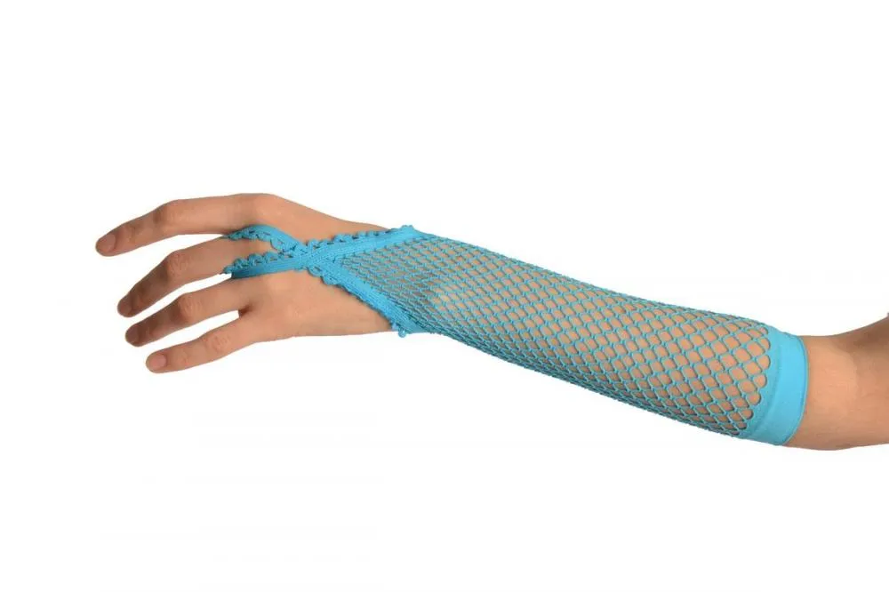 Blue Finger Loop Fishnet Party Gloves