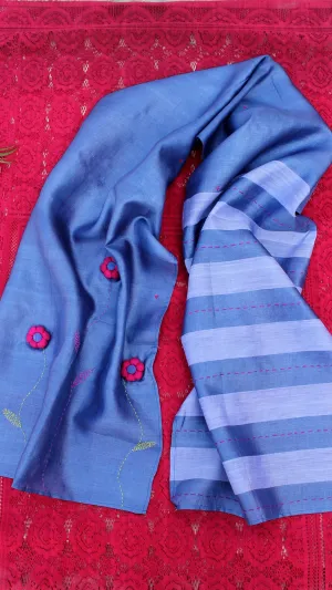 Blue flora hand embroidered silk stole