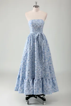 Blue Floral A Line Pleated Strapless Prom Dress with Belt