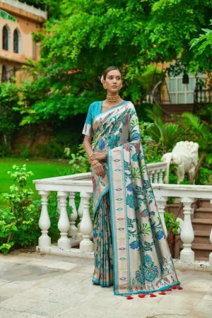 Blue Floral Banarasi Silk  Saree