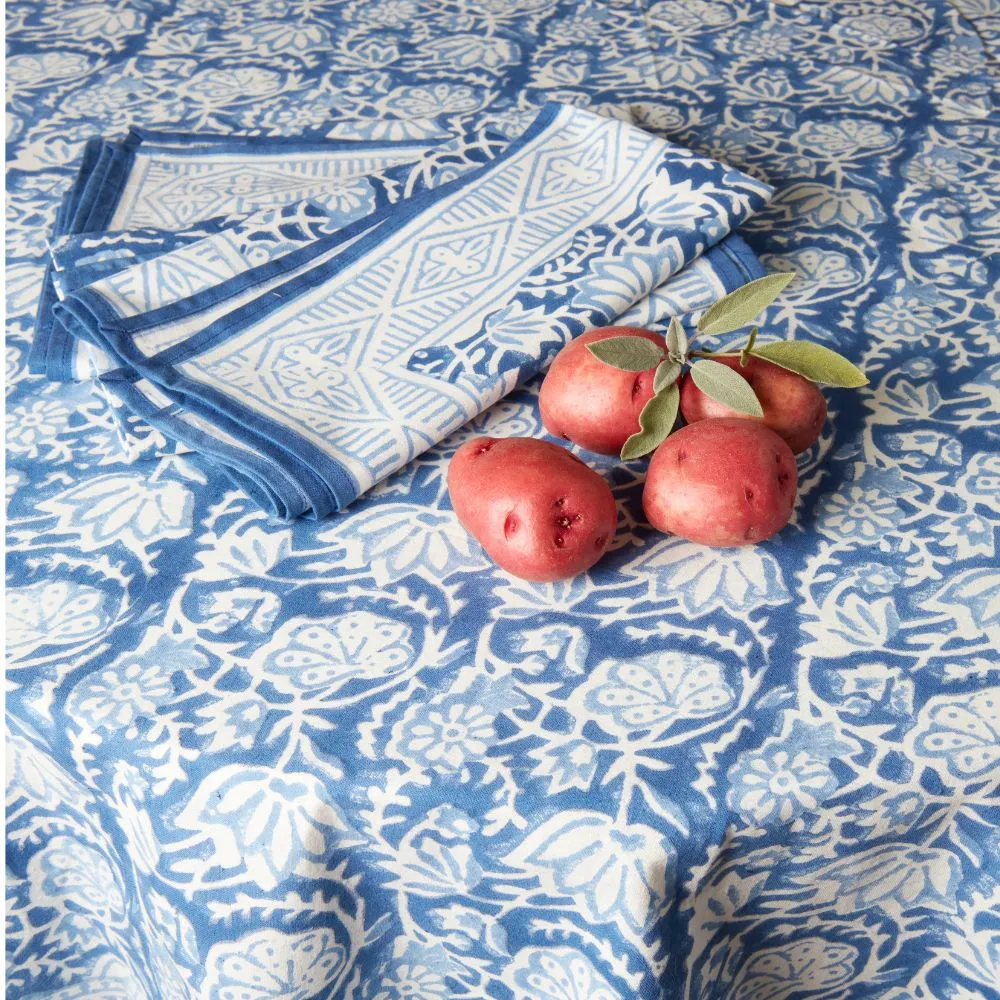 Blue Floral Block Print 70" Round Tablecloth